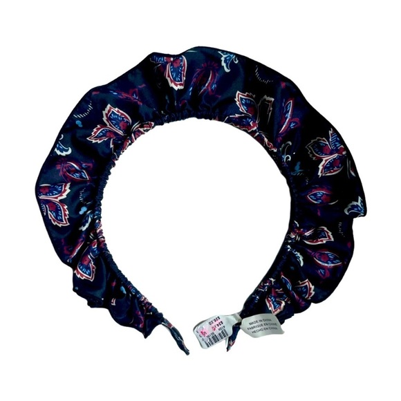 ANTHROPOLOGIE Eugenia Double Ruffled Silky FLORAL HEADBAND Black Blue Skinny - Picture 1 of 5